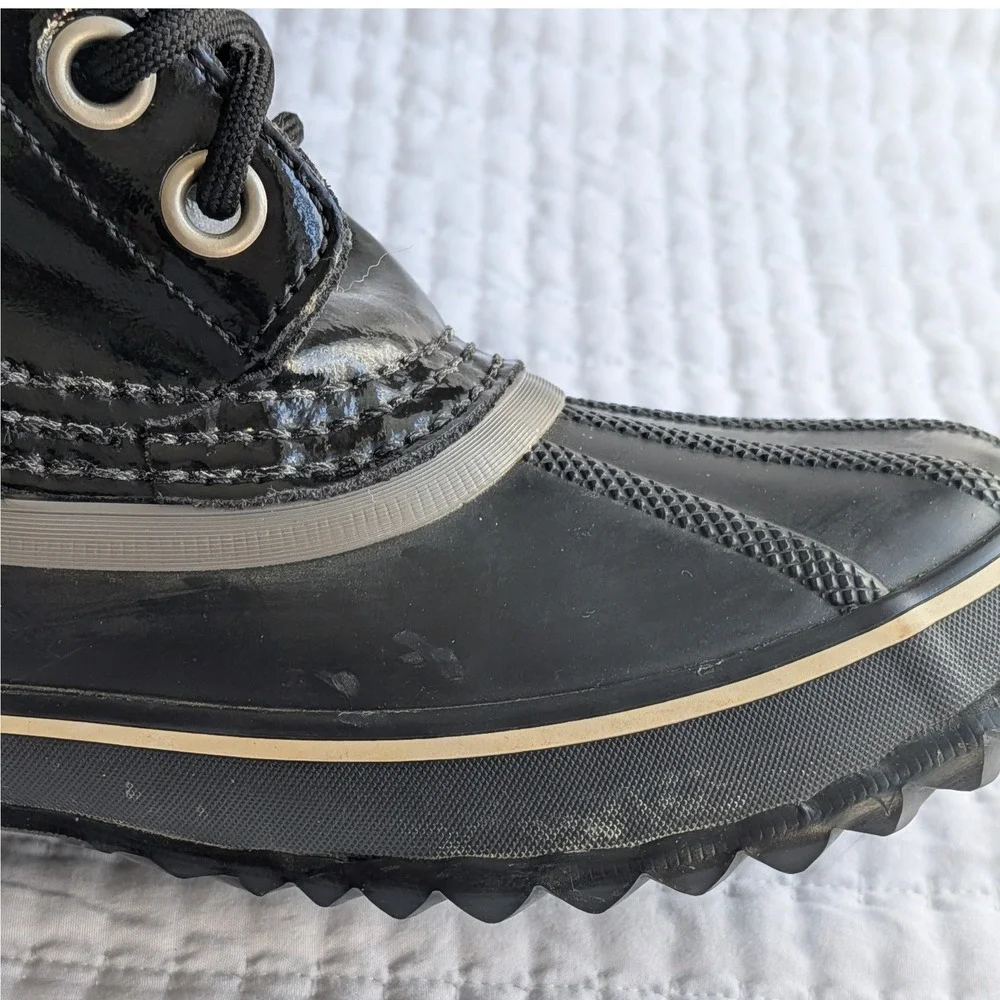 Sorel Dahlia Waterproof Patent Leather Mid Calf‎ Lace Up Snow Boots Black US 9